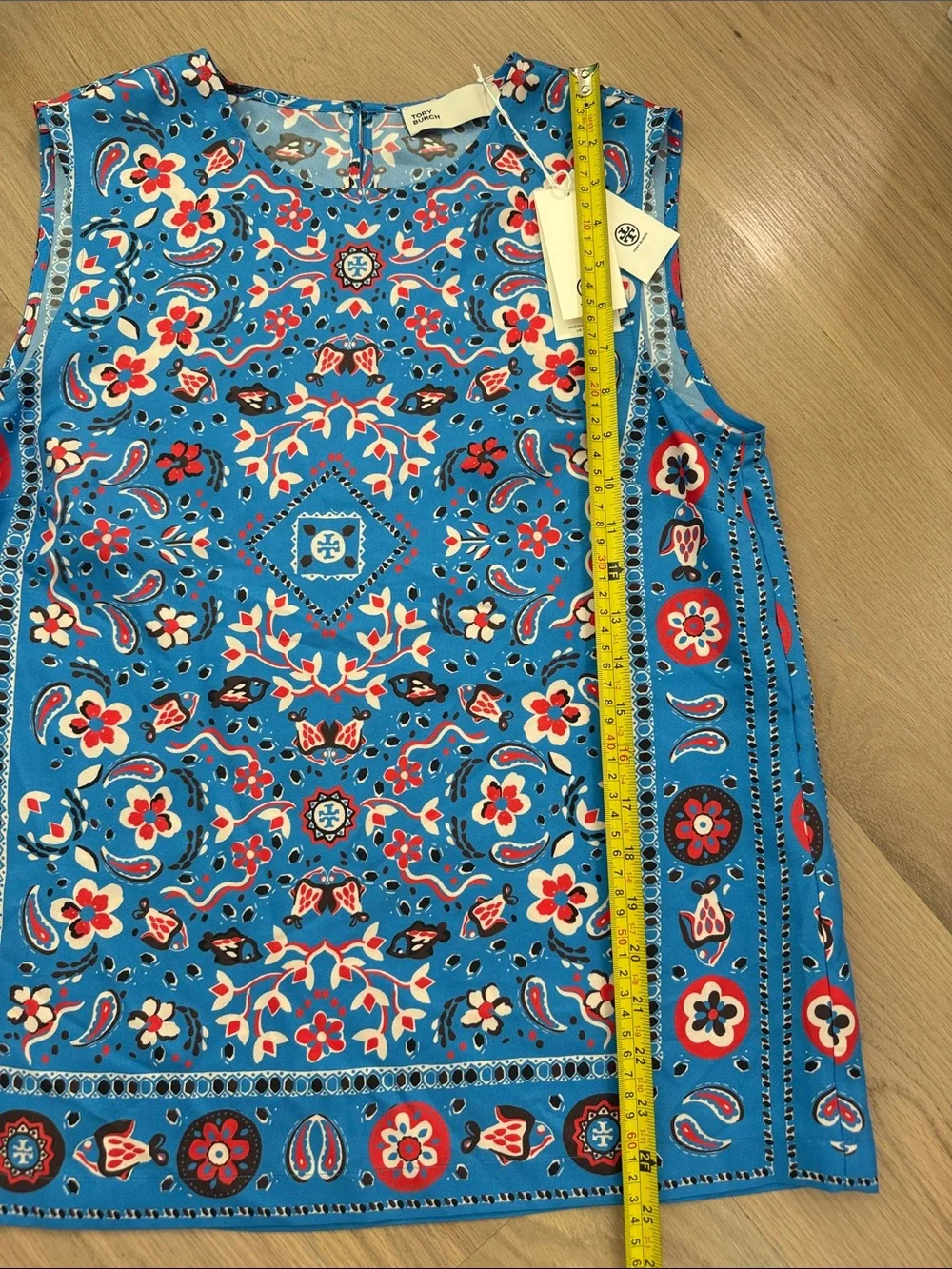 NWT Tory Burch Silk Sleeveless Shell Top Azure Pisces Dream Blue Bandana Logo 8